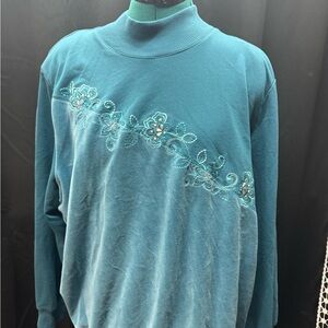 Alfred Dunner Teal Floral Embroidered Mock Neck Sweatshirt